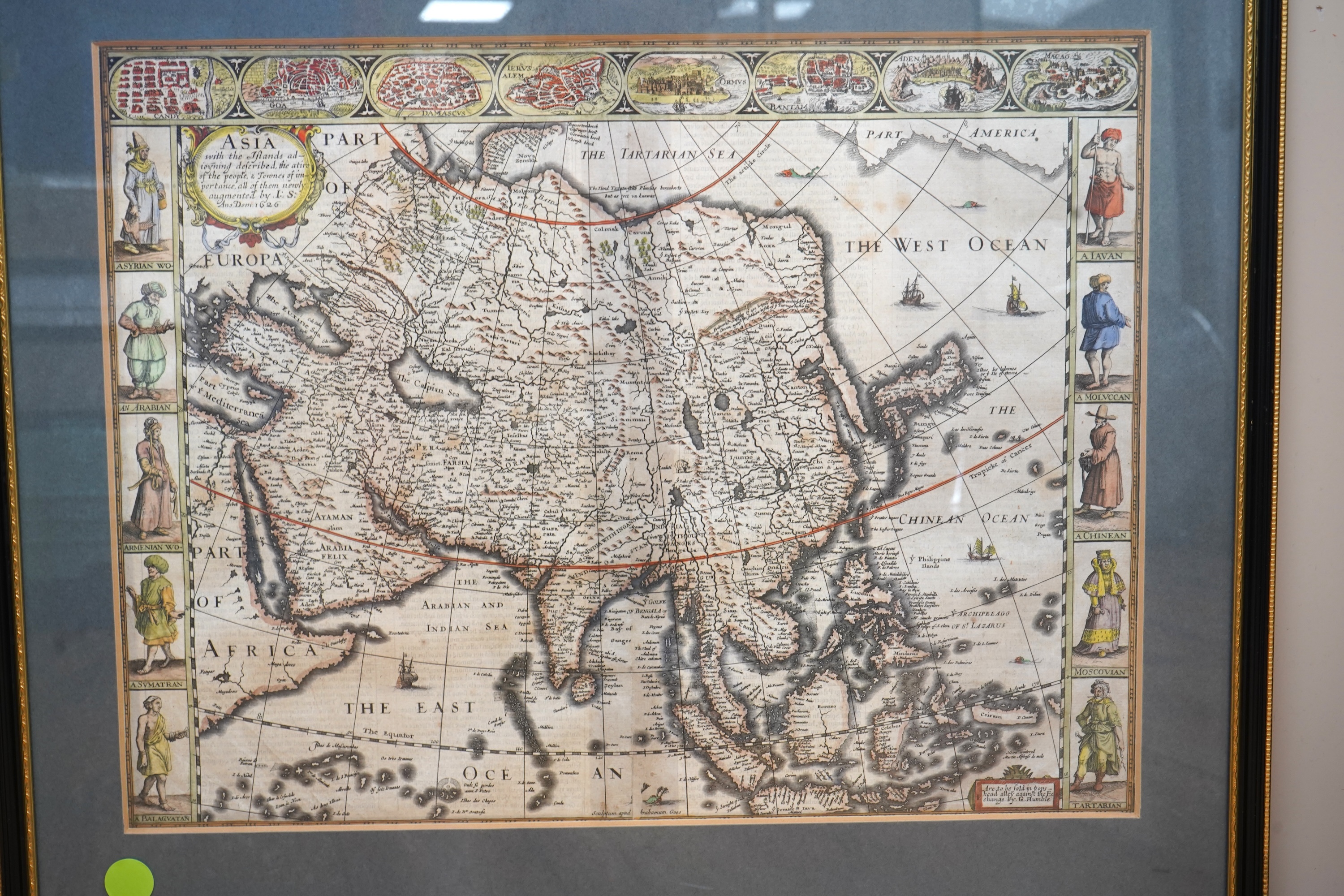 John Speed (1552-1629), Asia, with the Islands adjoining described, the attire of the people and towns of importance, hand coloured engraved map, sold by George Humble, text verso, 39 x 51cm